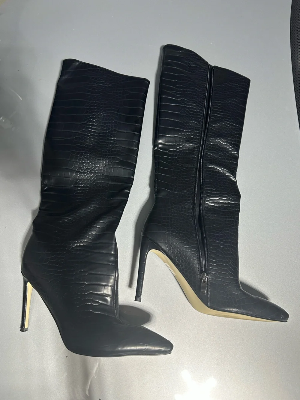 Black Faux-Croc Over-the-Knee Stiletto Boots